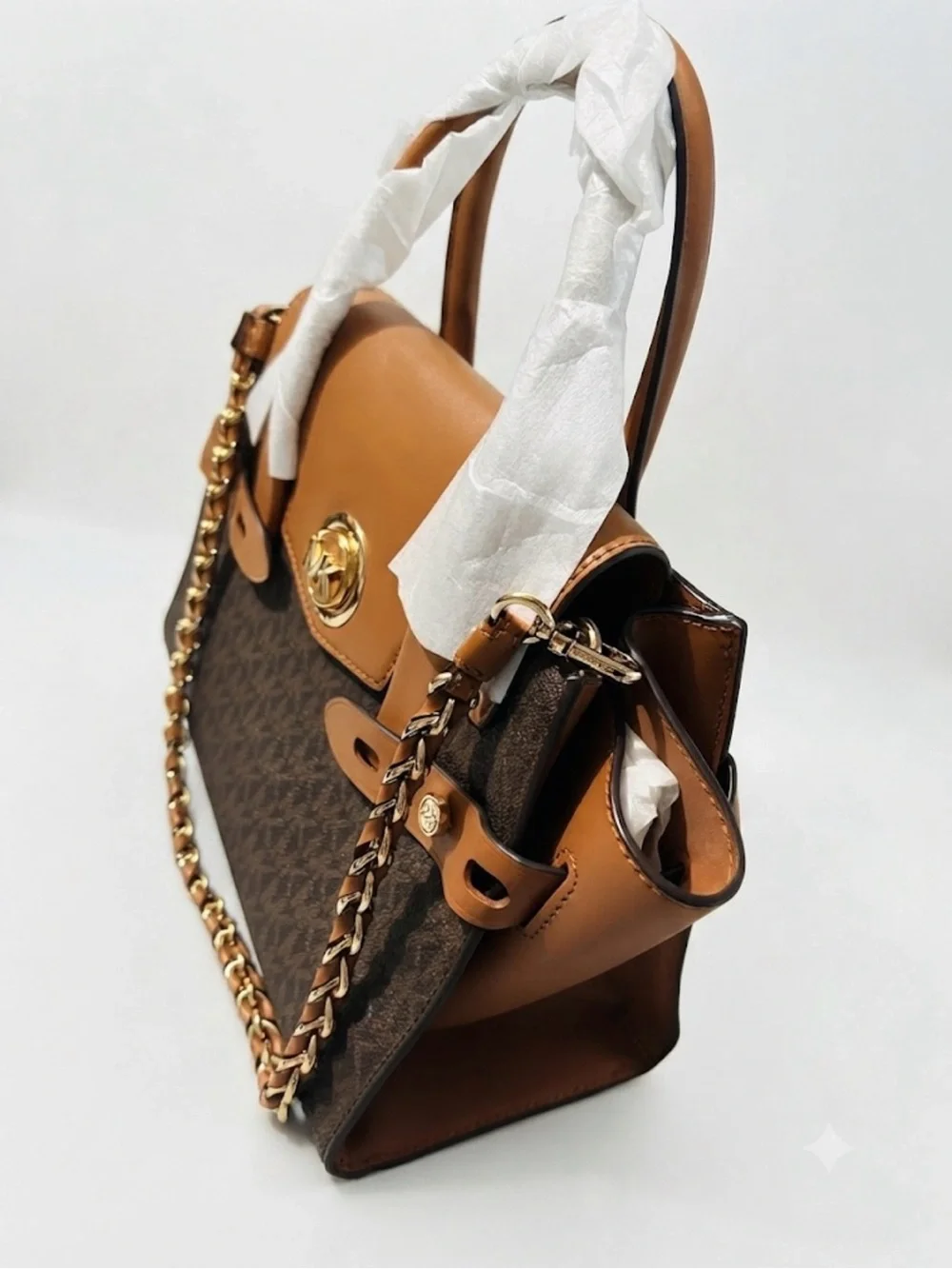 Michael Kors Brown and Tan Logo Satchel with Gold Chain